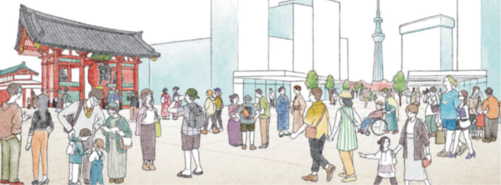 雷門通りで歩行者空間拡充の社会実験(全面車両通行止め)